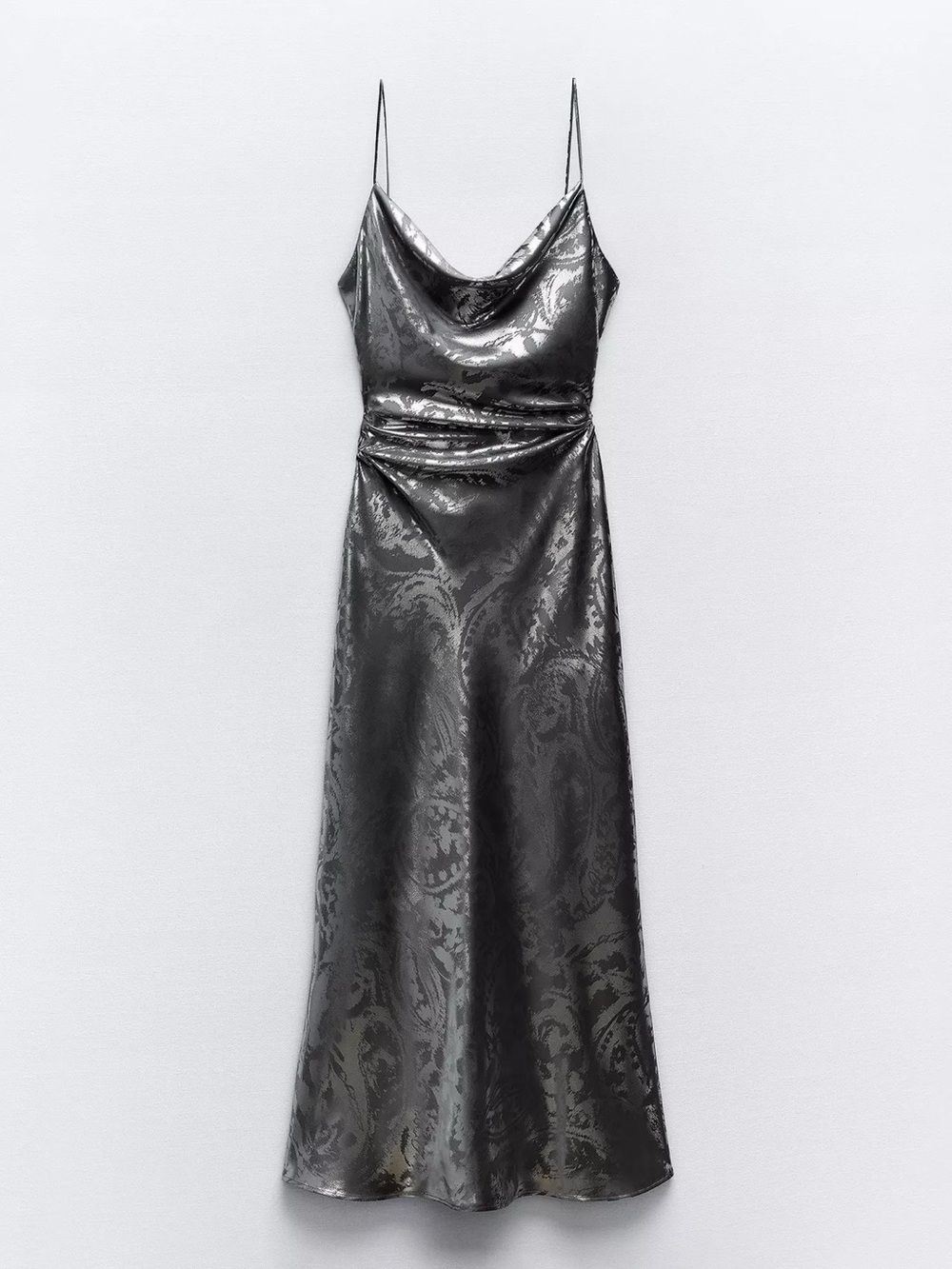 Zara Metallic Charcoal Cowl Neck Midi Slip Dress